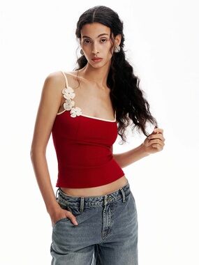 Commense Red Floral-Trim Tank with Cream Accents